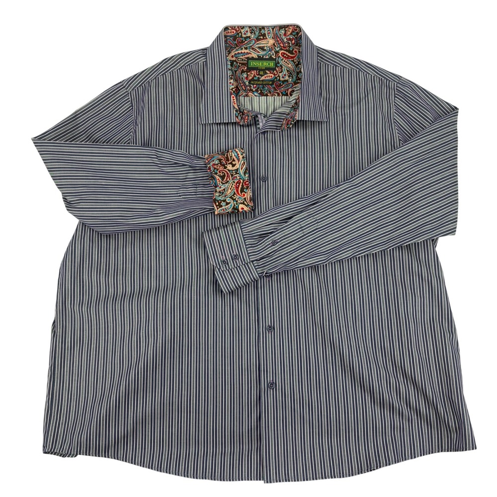 Inserch Button Down Shirt Mens 4XL Purple White Stripe Paisley Jacquard Cotton - Picture 9 of 11